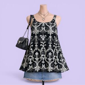 Vintage Y2K Alfani Black Sheer Embroidered Blouse Size Large Flowy Grunge Gothic